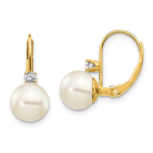 14k Yellow Gold 7-8mm Whtie Round FW Cultured Pearl AA Real Diamond Leverback Earrings XLB70PL/AA