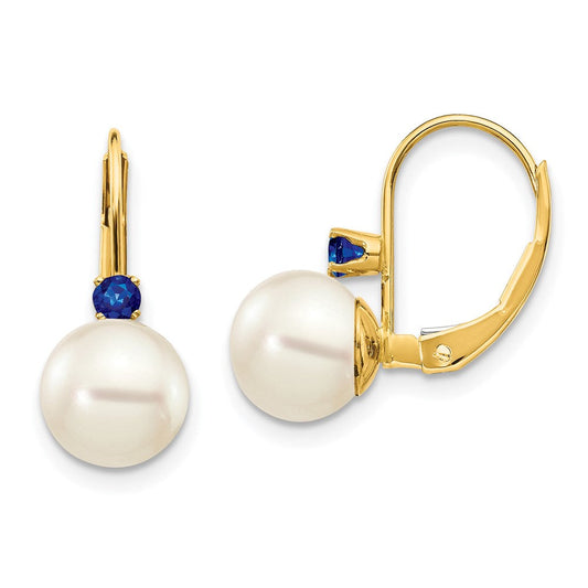 14k Yellow Gold 7-7.5mm White Round FW Cultured Pearl Sapphire Leverback Earrings XLB70S/PL