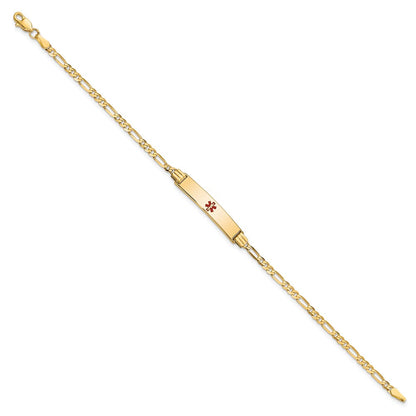 Solid 14K Yellow Gold Medical Red Enamel Figaro ID Bracelet