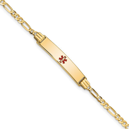 Solid 14K Yellow Gold Medical Red Enamel Figaro ID Bracelet