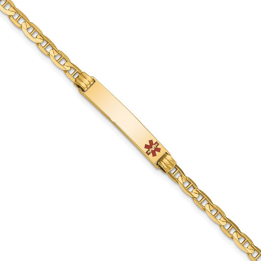Solid 14K Yellow Gold Medical Red Enamel Anchor Link ID Bracelet