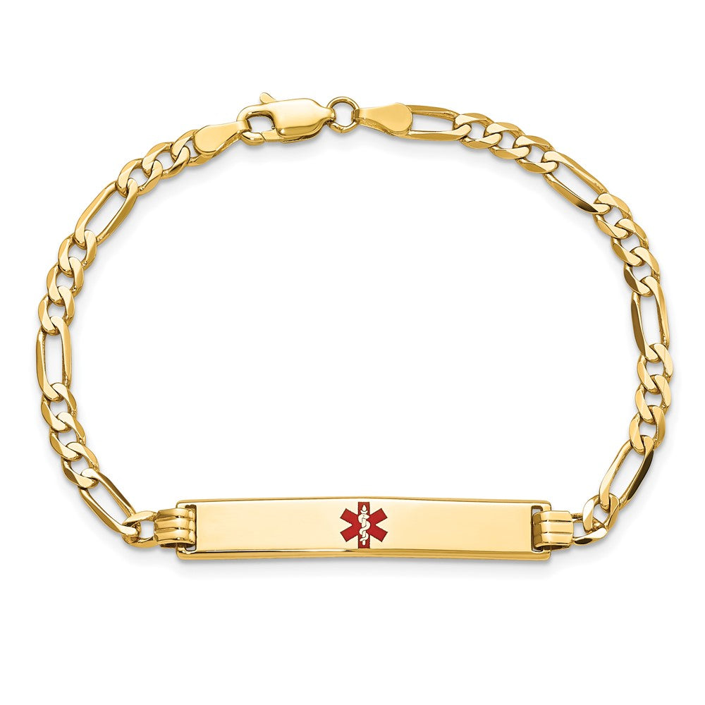 Solid 14K Yellow Gold Medical Red Enamel Flat Figaro Link ID Bracelet