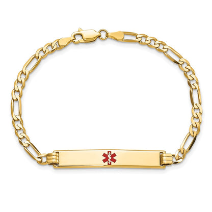 Solid 14K Yellow Gold Medical Red Enamel Flat Figaro Link ID Bracelet