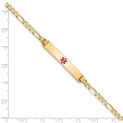 Solid 14K Yellow Gold Medical Red Enamel Flat Figaro Link ID Bracelet