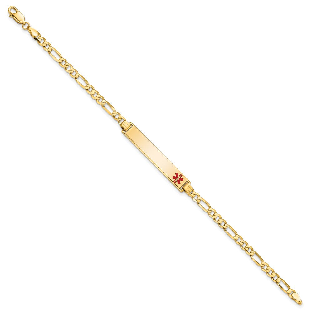 Solid 14K Yellow Gold Medical Red Enamel Flat Figaro Link ID Bracelet