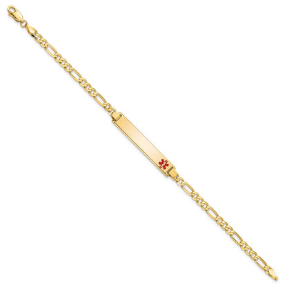 Solid 14K Yellow Gold Medical Red Enamel Flat Figaro Link ID Bracelet