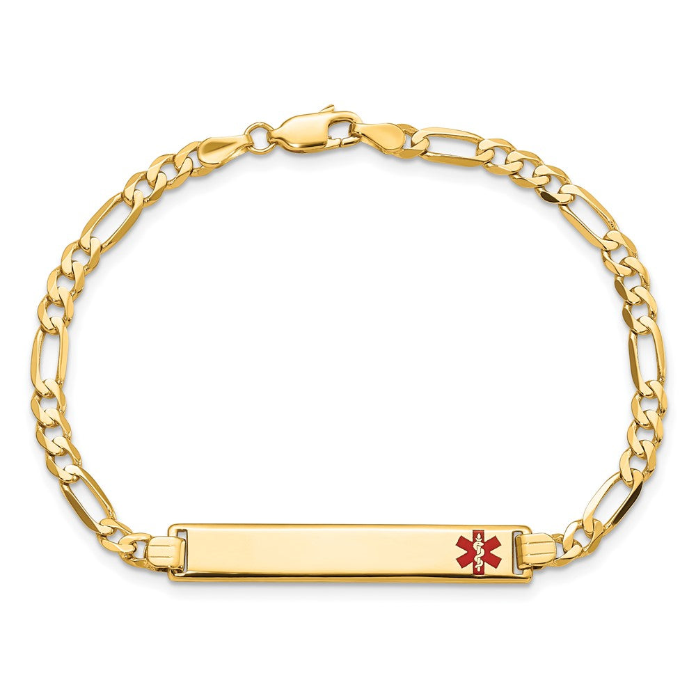Solid 14K Yellow Gold Medical Red Enamel Flat Figaro Link ID Bracelet