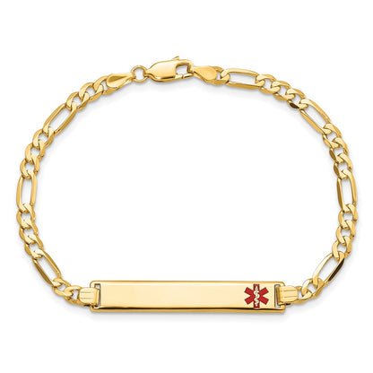 Solid 14K Yellow Gold Medical Red Enamel Flat Figaro Link ID Bracelet