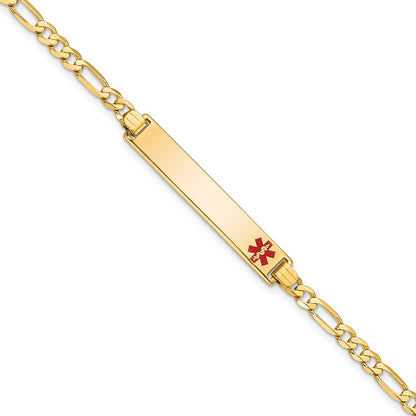 Solid 14K Yellow Gold Medical Red Enamel Flat Figaro Link ID Bracelet