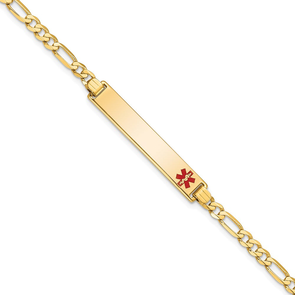 Solid 14K Yellow Gold Medical Red Enamel Flat Figaro Link ID Bracelet