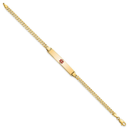 Solid 14K Yellow Gold Medical Red Enamel Flat Curb Link ID Bracelet