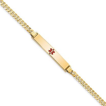 Solid 14K Yellow Gold Medical Red Enamel Flat Curb Link ID Bracelet