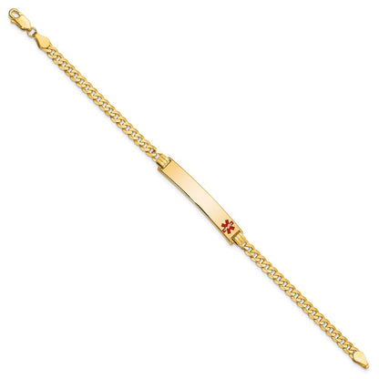 Solid 14K Yellow Gold Medical Red Enamel Flat Curb Link ID Bracelet