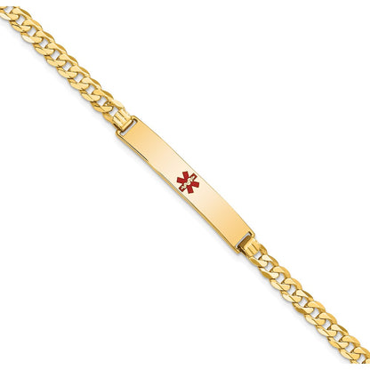 Solid 14K Yellow Gold Medical Red Enamel Flat Curb Link ID Bracelet