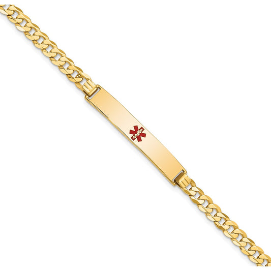 Solid 14K Yellow Gold Medical Red Enamel Flat Curb Link ID Bracelet