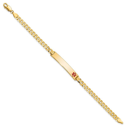 Solid 14K Yellow Gold Medical Red Enamel Flat Curb Link ID Bracelet