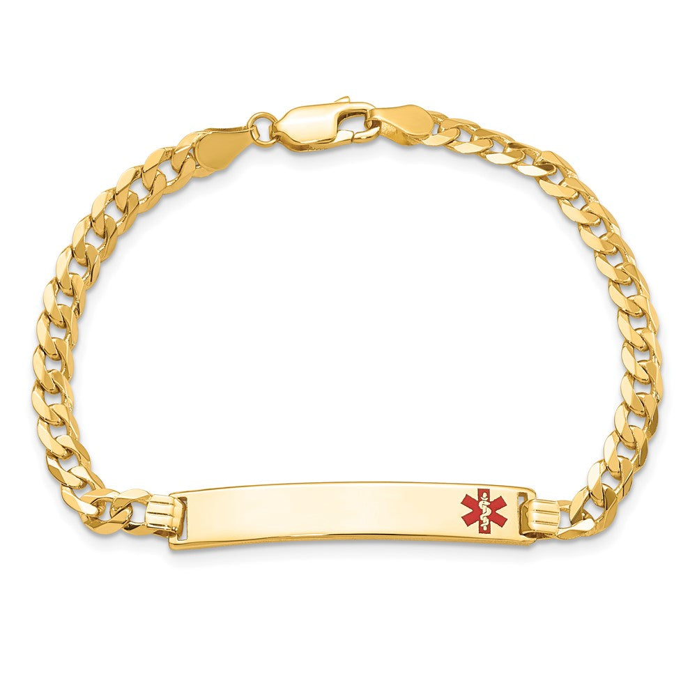 Solid 14K Yellow Gold Medical Red Enamel Flat Curb Link ID Bracelet
