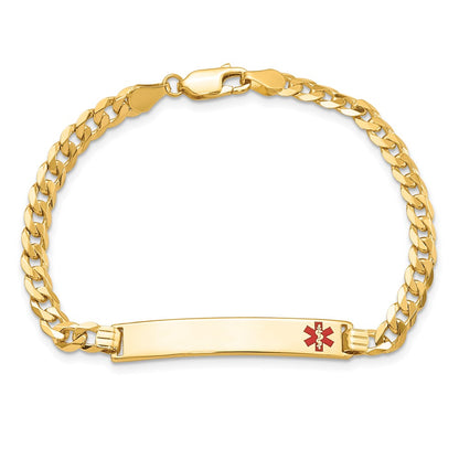 Solid 14K Yellow Gold Medical Red Enamel Flat Curb Link ID Bracelet