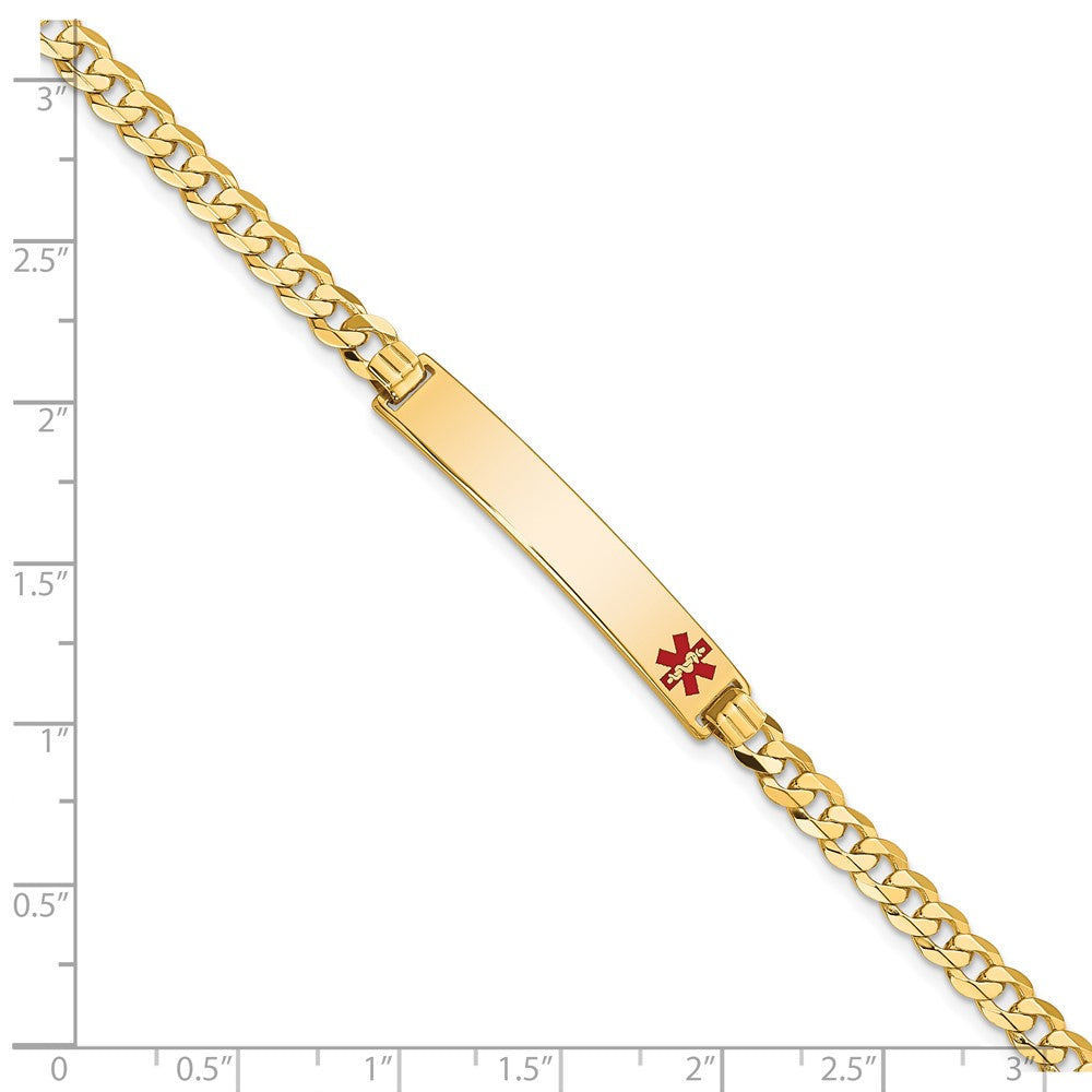 Solid 14K Yellow Gold Medical Red Enamel Flat Curb Link ID Bracelet