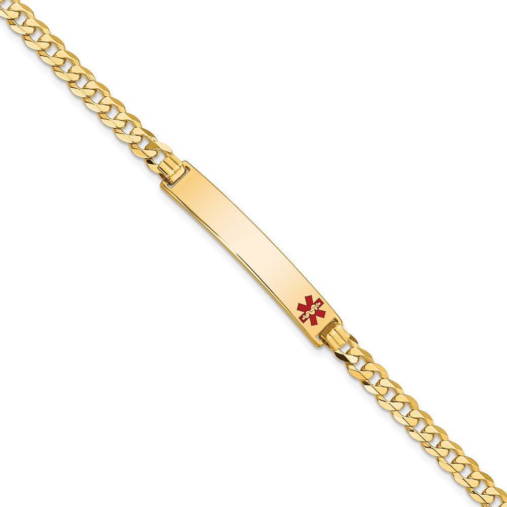 Solid 14K Yellow Gold Medical Red Enamel Flat Curb Link ID Bracelet