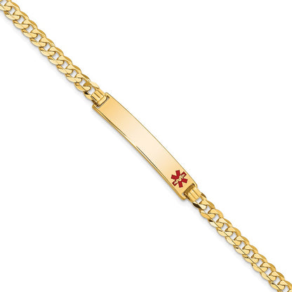 Solid 14K Yellow Gold Medical Red Enamel Flat Curb Link ID Bracelet
