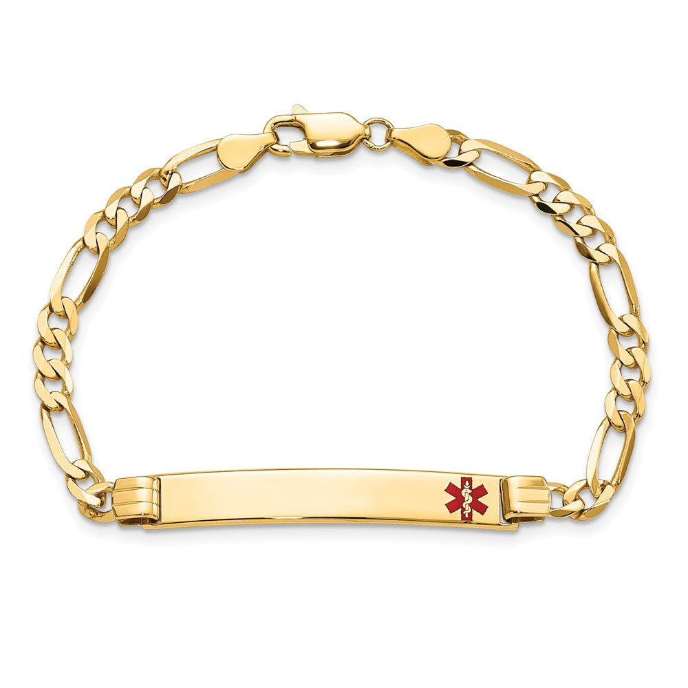 Solid 14K Yellow Gold Medical Red Enamel Figaro ID Bracelet