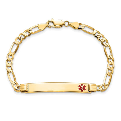 Solid 14K Yellow Gold Medical Red Enamel Figaro ID Bracelet