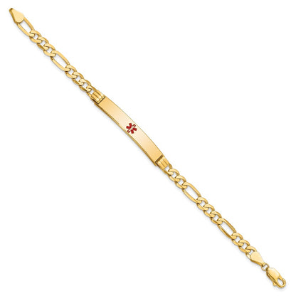 Solid 14K Yellow Gold Medical Red Enamel Flat Figaro Link ID Bracelet