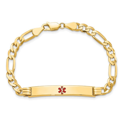 Solid 14K Yellow Gold Medical Red Enamel Flat Figaro Link ID Bracelet