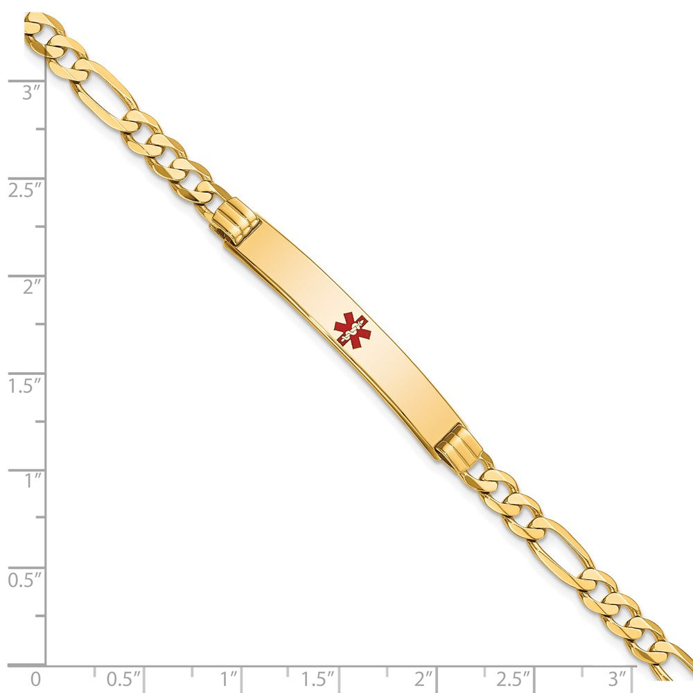Solid 14K Yellow Gold Medical Red Enamel Flat Figaro Link ID Bracelet