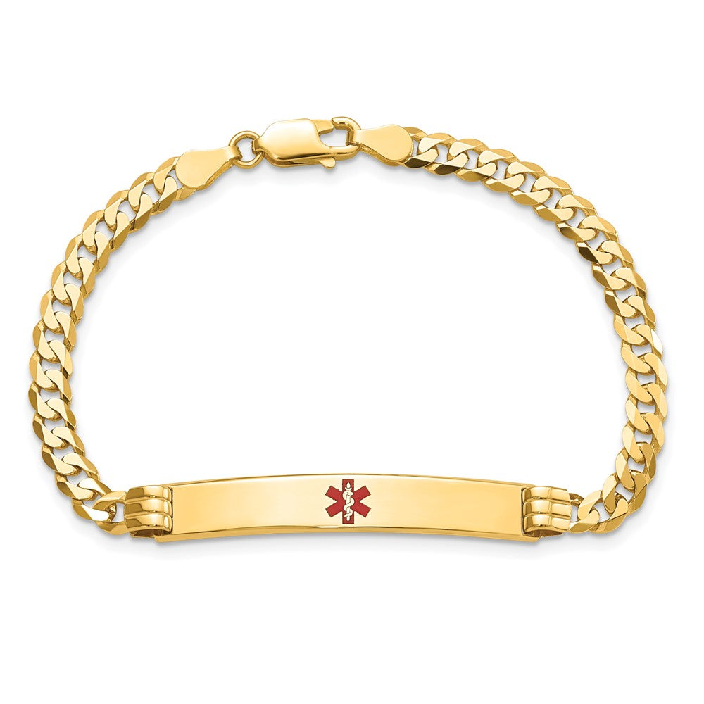 Solid 14K Yellow Gold Medical Red Enamel Curb Link ID Bracelet