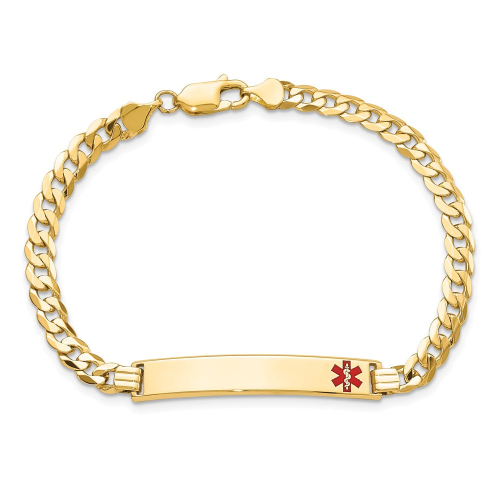 Solid 14K Yellow Gold Medical Red Enamel Curb Link ID Bracelet