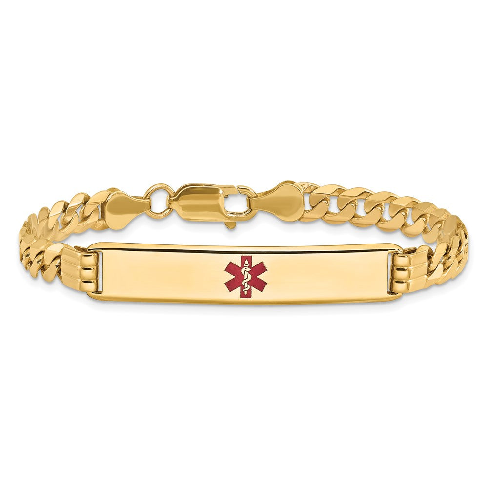 Solid 14K Yellow Gold Medical Red Enamel Curb Link ID Bracelet
