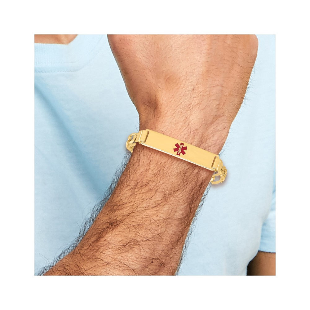Solid 14K Yellow Gold Medical Red Enamel Flat Figaro Link ID Bracelet
