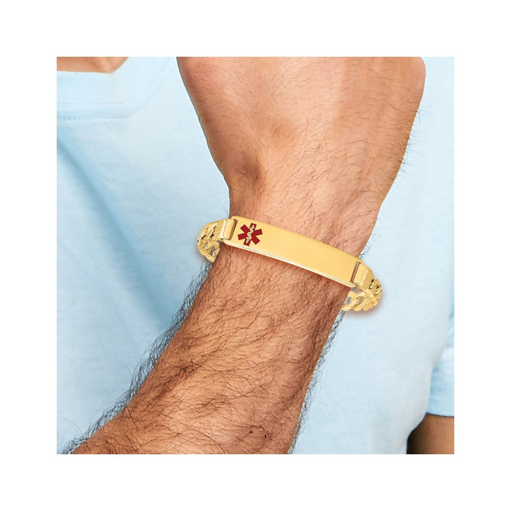 Solid 14K Yellow Gold Medical Red Enamel Curb Link ID Bracelet