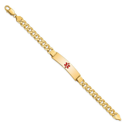Solid 14K Yellow Gold Medical Red Enamel Flat Curb Link ID Bracelet