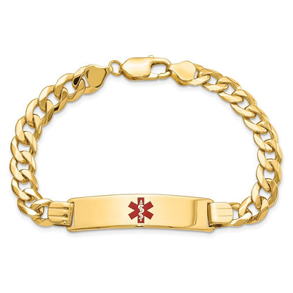 Solid 14K Yellow Gold Medical Red Enamel Flat Curb Link ID Bracelet