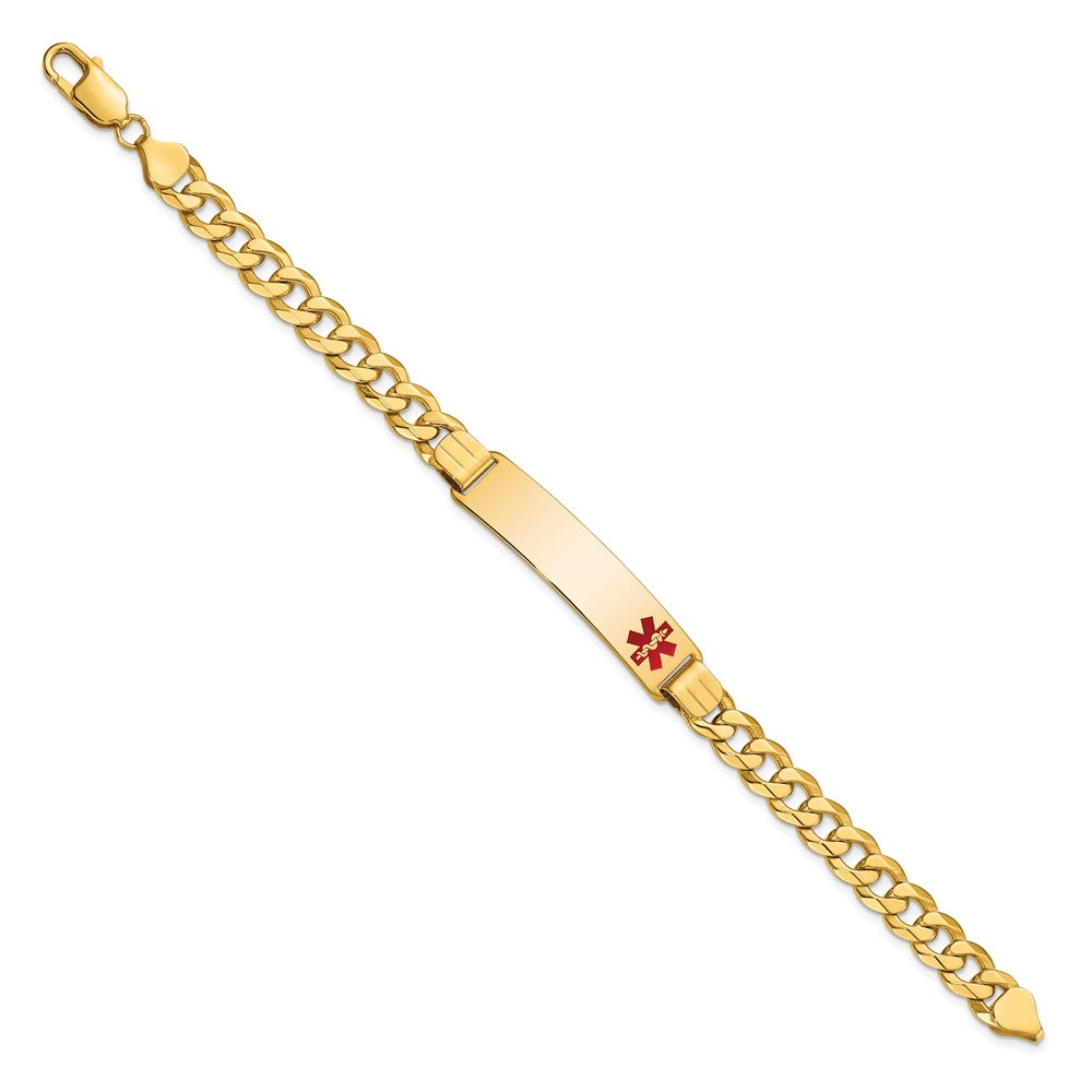 Solid 14K Yellow Gold Medical Red Enamel Flat Curb Link ID Bracelet