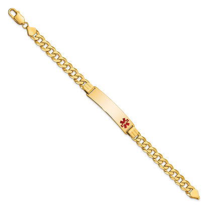 Solid 14K Yellow Gold Medical Red Enamel Flat Curb Link ID Bracelet