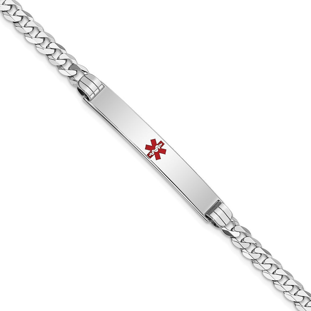 Solid 14K White Gold Medical Red Enamel Flat Curb Link ID Bracelet