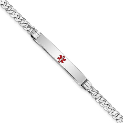 Solid 14K White Gold Medical Red Enamel Flat Curb Link ID Bracelet