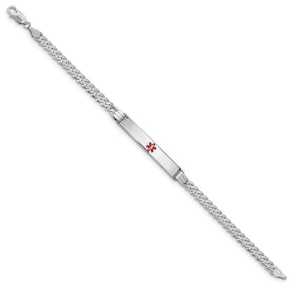 Solid 14K White Gold Medical Red Enamel Flat Curb Link ID Bracelet