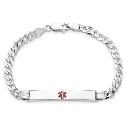 Solid 14K White Gold Medical Red Enamel Flat Curb Link ID Bracelet