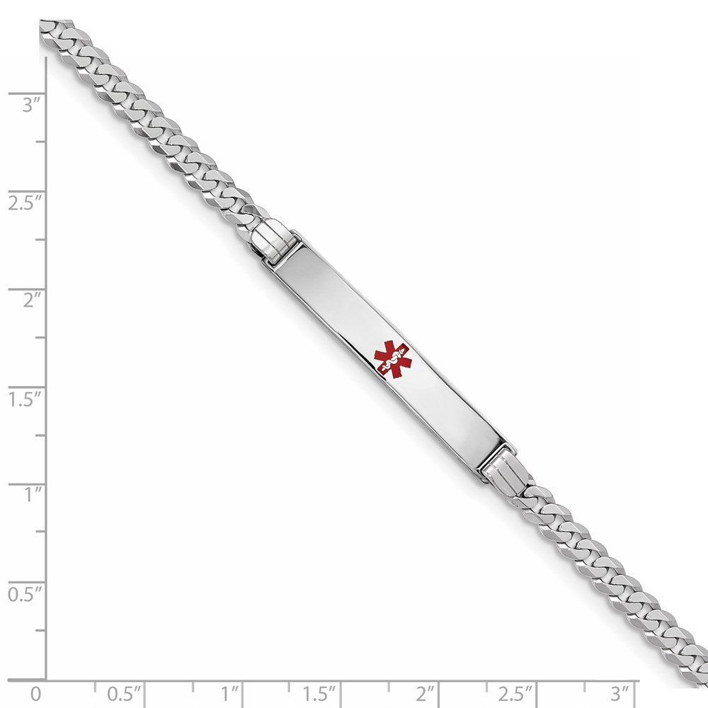 Solid 14K White Gold Medical Red Enamel Flat Curb Link ID Bracelet