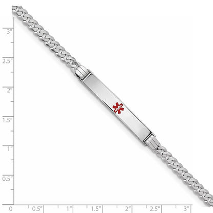 Solid 14K White Gold Medical Red Enamel Flat Curb Link ID Bracelet