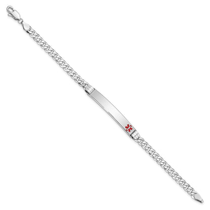Solid 14K White Gold Medical Red Enamel Flat Curb Link ID Bracelet
