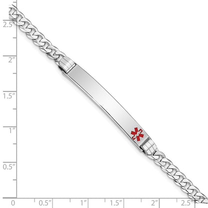 Solid 14K White Gold Medical Red Enamel Flat Curb Link ID Bracelet