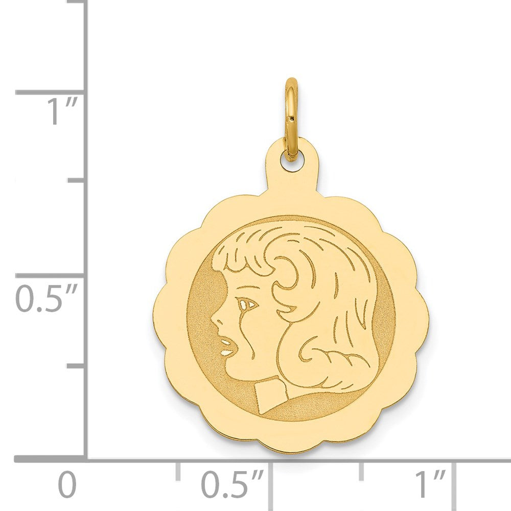 14k Yellow Gold Girl Head on .013 Gauge Engravable Scalloped Disc Charm
