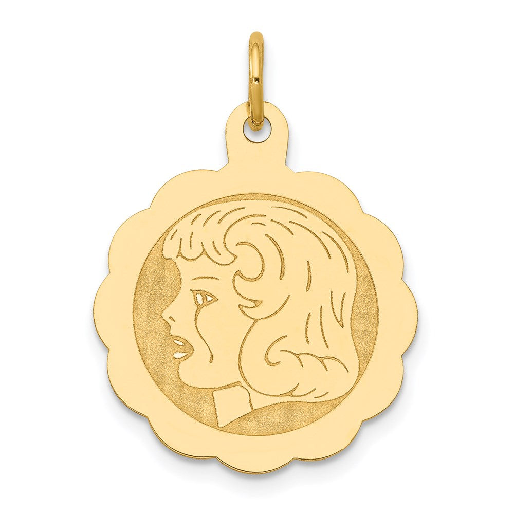 14k Yellow Gold Girl Head on .013 Gauge Engravable Scalloped Disc Charm