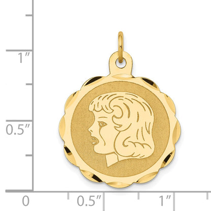 14k Yellow Gold Girl Head on .018 Gauge Engravable Scalloped Disc Charm